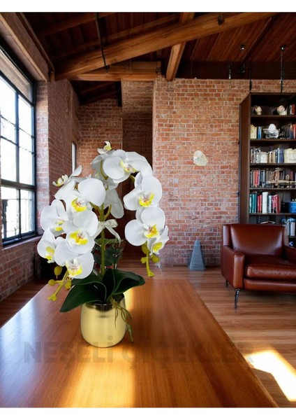 Yapay Çiçek Beyaz Islak Orkide 2 Dallı Lüks Gold Metal Saksıda 55 cm Dekoratif Hediye Çiçek indirimleri