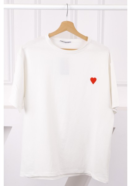 Ekru Nakışlı Kısa Kol Modal T-Shirt