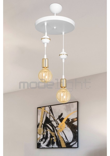 Akses 2li Beyaz Gold Dekoratif Avize Salon-Oturma-Çocuk-Yatak Odası-Yemek Odası-Antre-Mutfak