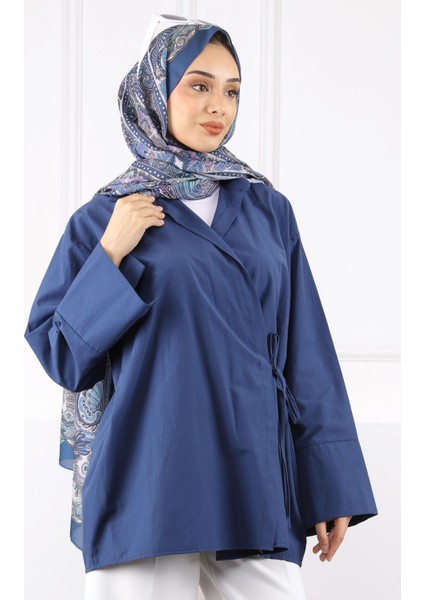 Lacivert Yandan Bağlamalı Kimono