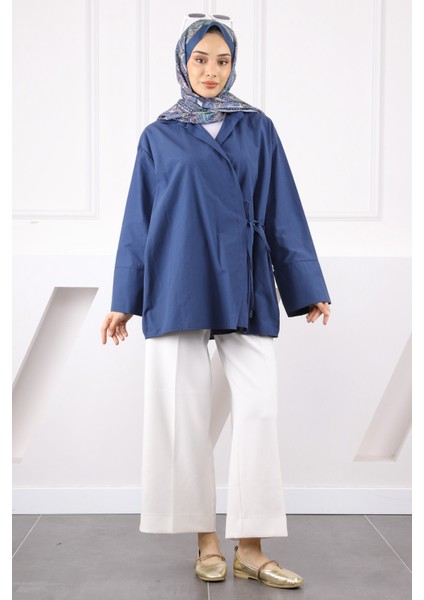Lacivert Yandan Bağlamalı Kimono