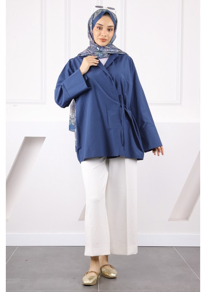 Lacivert Yandan Bağlamalı Kimono