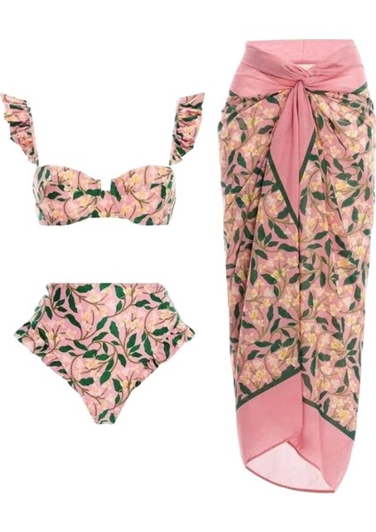 Kadınlar Için Yaz Tatili Olmazsa Olmazı Üç Parçalı Mayo Pembe Baskılı Plaj Sıcak Bahar Gazlı Eteği Kadınlar Için (Yurt Dışından)