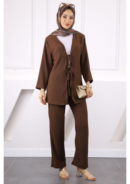 Kahverengi Ön Bağlamalı Bürümcük Kimono Pantolonlu Takım