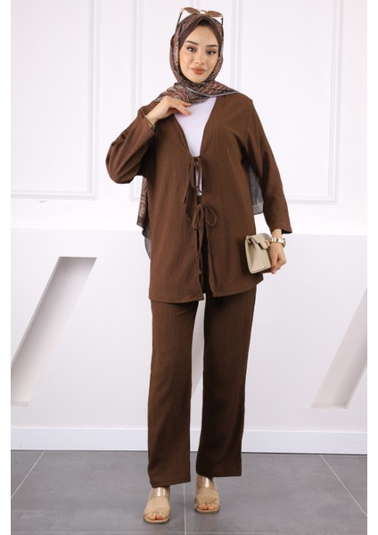 Kahverengi Ön Bağlamalı Bürümcük Kimono Pantolonlu Takım