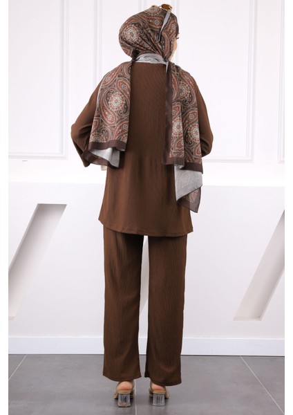 Kahverengi Ön Bağlamalı Bürümcük Kimono Pantolonlu Takım