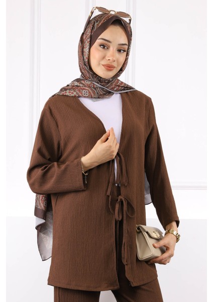 Kahverengi Ön Bağlamalı Bürümcük Kimono Pantolonlu Takım