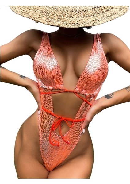 Yeni Sıcak Satış Tek Parça Mayo Kadın Düz Renk Dantel Mayo Büyük Boy Bikini [turuncu] (Yurt Dışından)