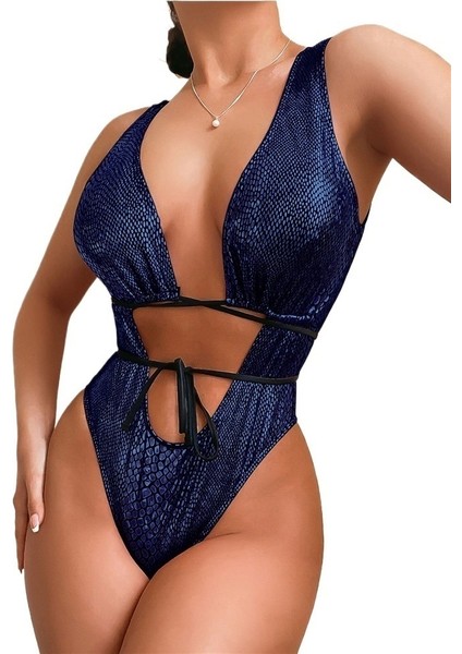Yeni Sıcak Satış Tek Parça Mayo Kadın Düz Renk Bağcıklı Mayo Büyük Boy Bikini [koyu Mavi] (Yurt Dışından)