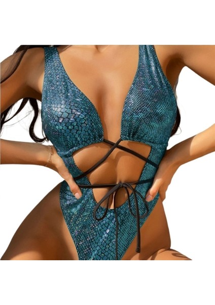 Yeni Çok Satan Tek Parça Mayo Kadın Düz Renk Bağcıklı Mayo Büyük Boy Bikini [mavi] (Yurt Dışından)