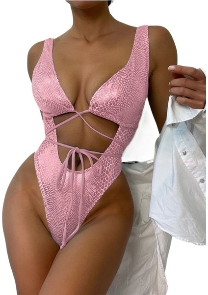 Yeni Sıcak Satış Tek Parça Mayo Kadın Düz Renk Bağcıklı Mayo Büyük Boy Bikini [pembe] (Yurt Dışından)