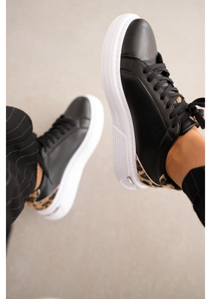 Heyla Leopar Desenli Gümüş Şerit Detaylı Kadın Sneaker- Siyah modelleri