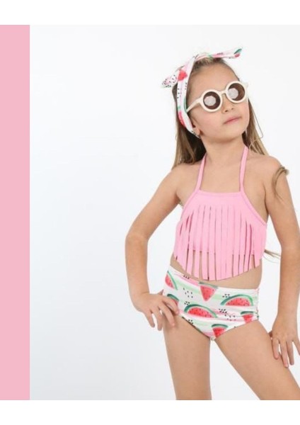 Püsküllü Karpuz Mayo Saç Bağlama Bantı ile 3 Lü Takım Kız Çocuk Mayo Bikini