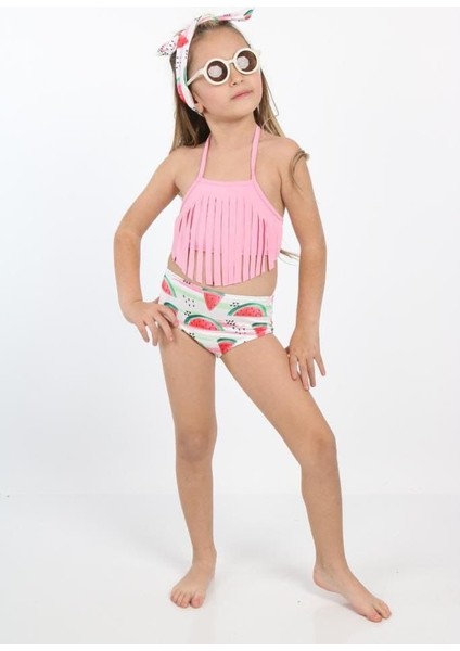 Püsküllü Karpuz Mayo Saç Bağlama Bantı ile 3 Lü Takım Kız Çocuk Mayo Bikini fiyatları