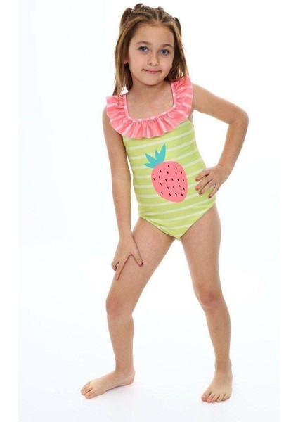 Kız Çocuk Fırfır Yaka Arkası Çapraz Yeşil Çizgili Pembe Çilek Desen Detaylı Mayo Bikini