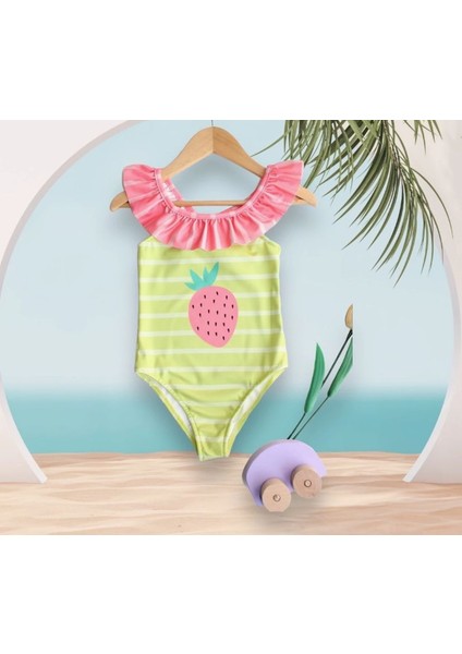 Kız Çocuk Fırfır Yaka Arkası Çapraz Yeşil Çizgili Pembe Çilek Desen Detaylı Mayo Bikini fiyatları