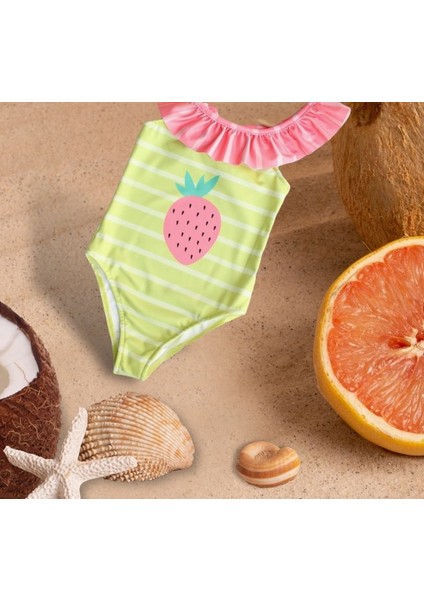 Kız Çocuk Fırfır Yaka Arkası Çapraz Yeşil Çizgili Pembe Çilek Desen Detaylı Mayo Bikini modelleri