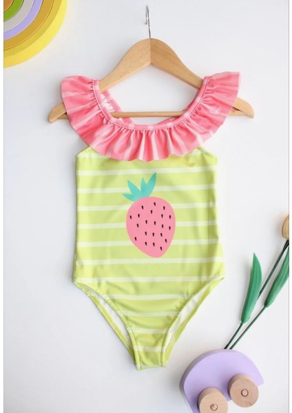 Kız Çocuk Fırfır Yaka Arkası Çapraz Yeşil Çizgili Pembe Çilek Desen Detaylı Mayo Bikini indirimleri