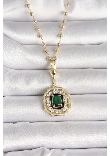 Muı Muı 316L Çelik Gold Renk Topçuk Zincir Yeşil Taşlı Seranay Model Kadın Kolye