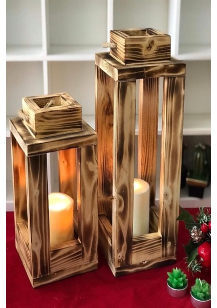 Ahşap Hasır Ipli Dekoratif Çift Fener Şamdan Mumluk Seti