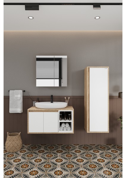 Lale Beyaz 70 cm Set %100 Mdf Lavabolu Banyo Dolabı Aynalı Dolap Boy Dolabı