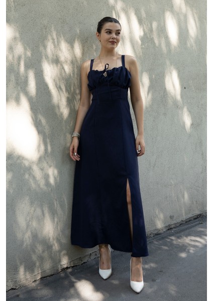 Göğüs Büzgülü Önden Yırtmaçlı Straplez Askılı Uzun Elbise 50322 fırsatları