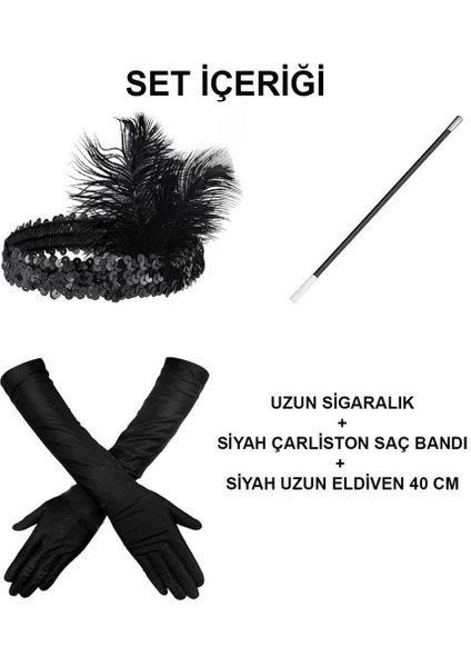 1920&#39;ler Gatsby Aksesuar Seti – Siyah Charleston Saç Bandı, Uzun Eldiven & Sigaralık