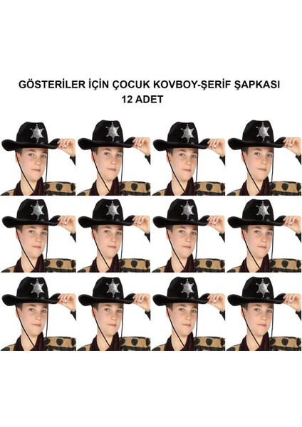 Kovboy Şerif Şapkası Siyah 12 Adet - Kostüm, Parti ve Gösteri Şapkası