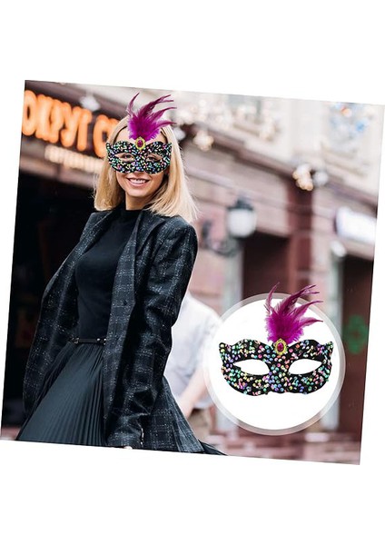 Nessiworld Siyah Kadife Üzeri Rengarenk Payetli Pullu Pembe Tüylü Pembe Taşlı Parti Maskesi 19x21 cm