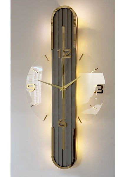 Şık Aynalı Saat 65CM Pilli LED Sessiz Mekanizma Sarı Rakam
