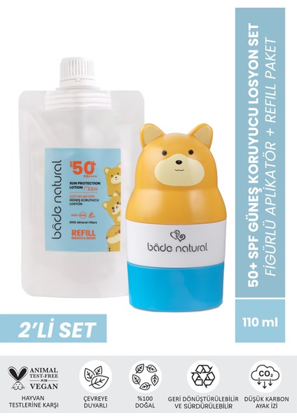 Çocuk Güneş Koruyucu Losyon 50+ Spf %100 Doğal Refill Paket + Ayı Figürlü Aplikatör Set