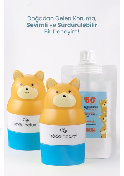 Çocuk Güneş Koruyucu Losyon 50+ Spf %100 Doğal Refill Paket + Ayı Figürlü Aplikatör Set