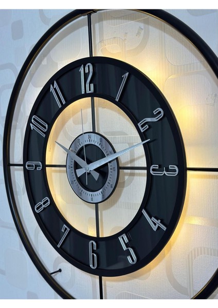 Işıklı Metal Camlı Duvar Saati 60X80 Cm, Siyah-Şeffaf-Gümüş, Büyük Boy