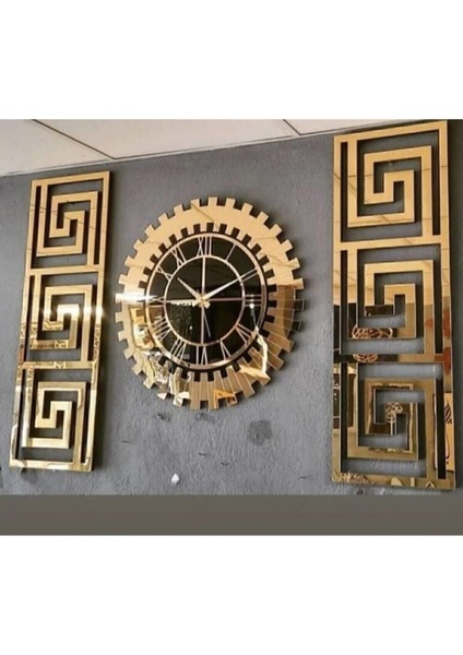 Şık 3'lü Pleksi Gold Aynalı 3D Kabartmalı Duvar Saati ve Dekor Seti