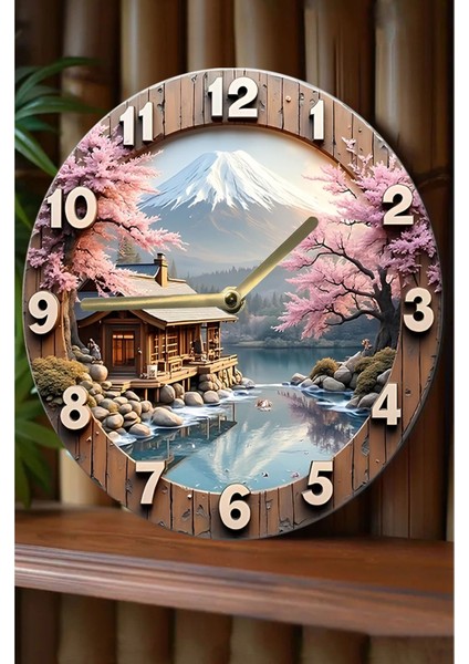 Şık Yuvarlak Ahşap Duvar Saati, Kuvars Hareketli, 3D ve 2d Tasarım