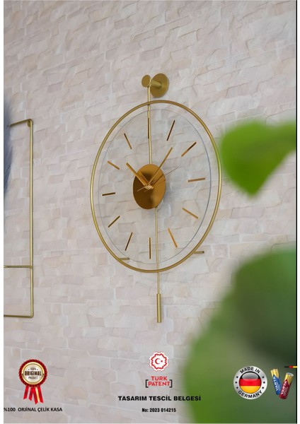 Modern Altın Renkli Metal Duvar Saati, 37X55 Cm, Şık ve Zarif Tasarım