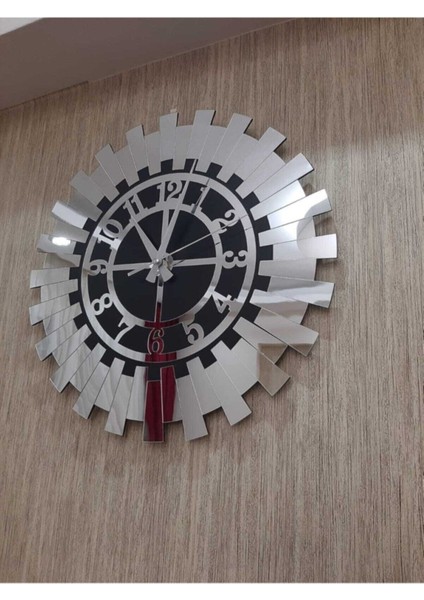 Şık Gümüş Siyah Güneş Duvar Saati, 40X40 Cm, Mdf ve Aynalı Pleksi Detaylı