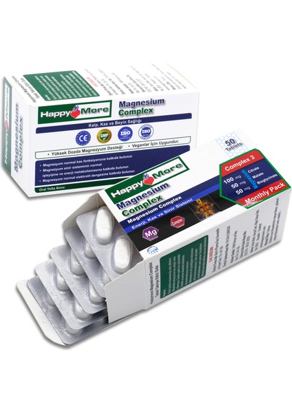 HappyMore Magnezyum Malat Bisglisinat ve Sitrat Kompleksi İçeren 50 Çentikli Tablet Takviye Edici Gıda