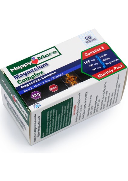 HappyMore Magnezyum Malat Bisglisinat ve Sitrat Kompleksi İçeren 50 Çentikli Tablet Takviye Edici Gıda