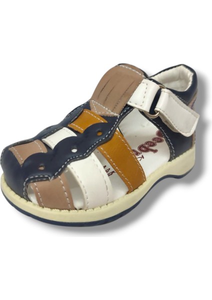 1600-20 Anatomik Önü Kapali 3 Şeritli Erkek Çocuk Sandalet Lacivert KAHVE18-20