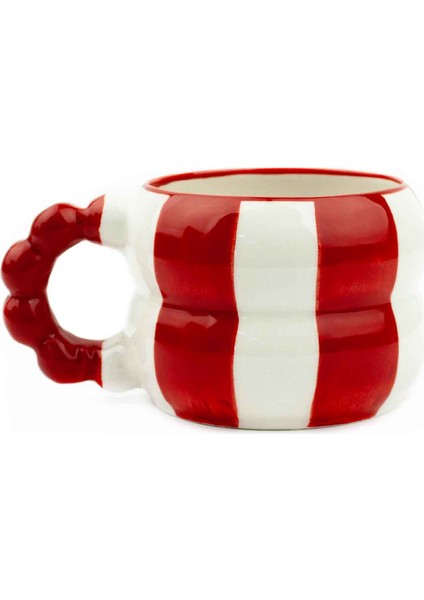 Kırmızı Çizgili El Boyama Kabartma Desen Krem Parlak Harmoni Kupa - El Işçiliği Hediyelik Kupa