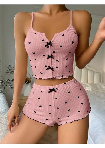 Kadın Beyaz Askılı Desenli Gecelik Pijama Şortlu Takımı Bella