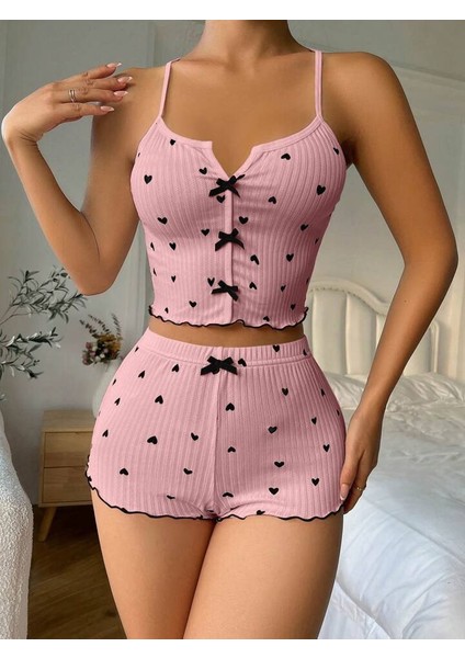 Kadın Beyaz Askılı Desenli Gecelik Pijama Şortlu Takımı Bella modelleri