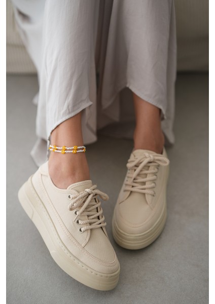 Peint Yüksek Tabanlı Bağcıklı Sneaker- Bej