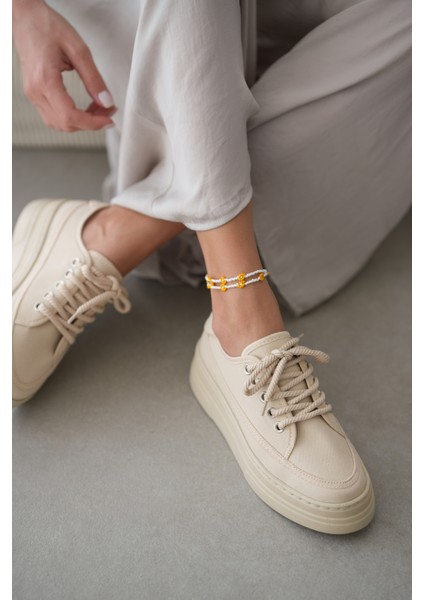 Peint Yüksek Tabanlı Bağcıklı Sneaker- Bej
