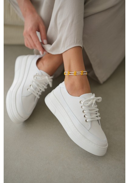 Peint Yüksek Tabanlı Bağcıklı Sneaker- Beyaz