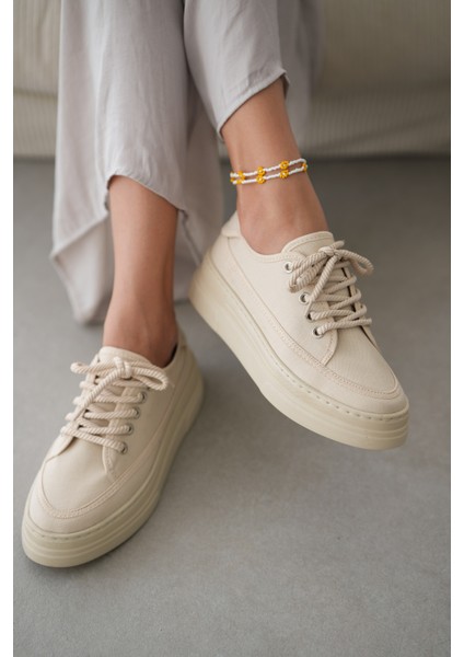 Peint Yüksek Tabanlı Bağcıklı Sneaker- Bej