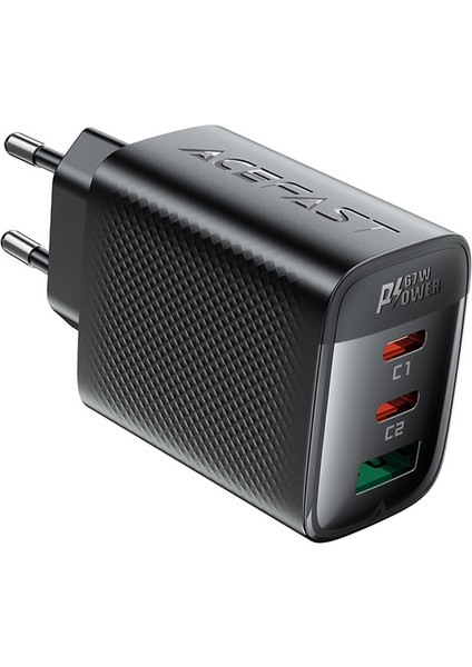 67W PD 2X USB-C + USB-A 3 Port Hızlı Şarj Aleti Isı Düşüren GaN Destekli Akım Korumalı Güç Adaptörü iPhone & Android & iPad & MacBook Type-C - A108 (Acefast Türkiye Garantili)