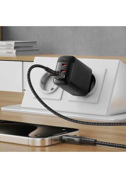 67W PD 2X USB-C + USB-A 3 Port Hızlı Şarj Aleti Isı Düşüren GaN Destekli Akım Korumalı Güç Adaptörü iPhone & Android & iPad & MacBook Type-C - A108 (Acefast Türkiye Garantili)