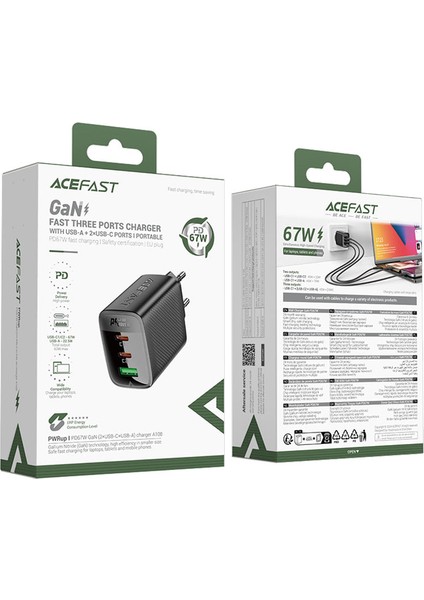 67W PD 2X USB-C + USB-A 3 Port Hızlı Şarj Aleti Isı Düşüren GaN Destekli Akım Korumalı Güç Adaptörü iPhone & Android & iPad & MacBook Type-C - A108 (Acefast Türkiye Garantili)